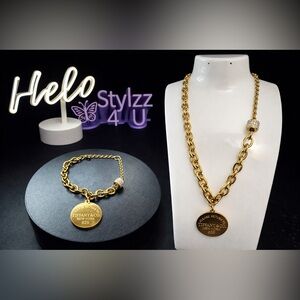 Gold Pendant Chain Necklace With Matching Bracelet.